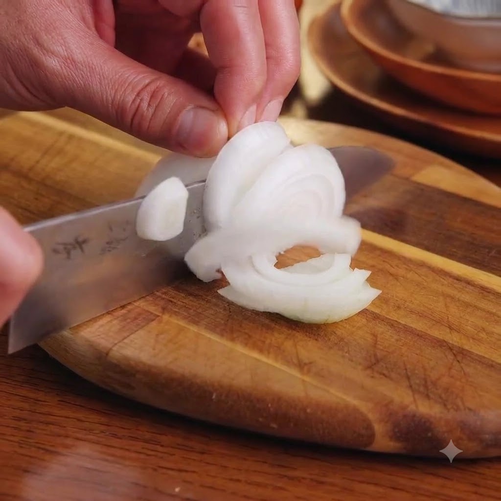 Éminçage fin dun demi-oignon blanc sur une planche à découper en bois avec un couteau.