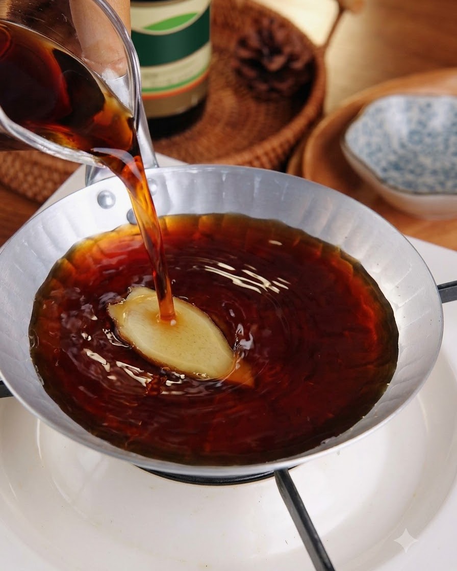 Versement dun bouillon foncé mélangé dans une petite poêle métallique peu profonde sur le feu.