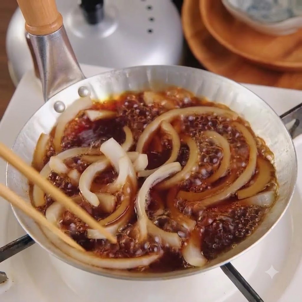 Des lamelles doignons blancs remuées avec des baguettes en bois dans une petite poêle remplie de sauce foncée frémissante.