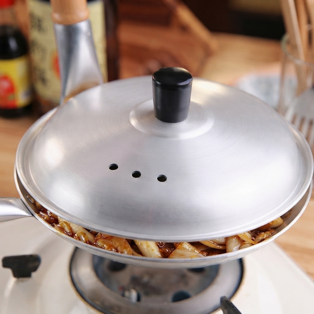 Un couvercle métallique posé sur une petite poêle de cuisson contenant le porc et lœuf en train de mijoter.