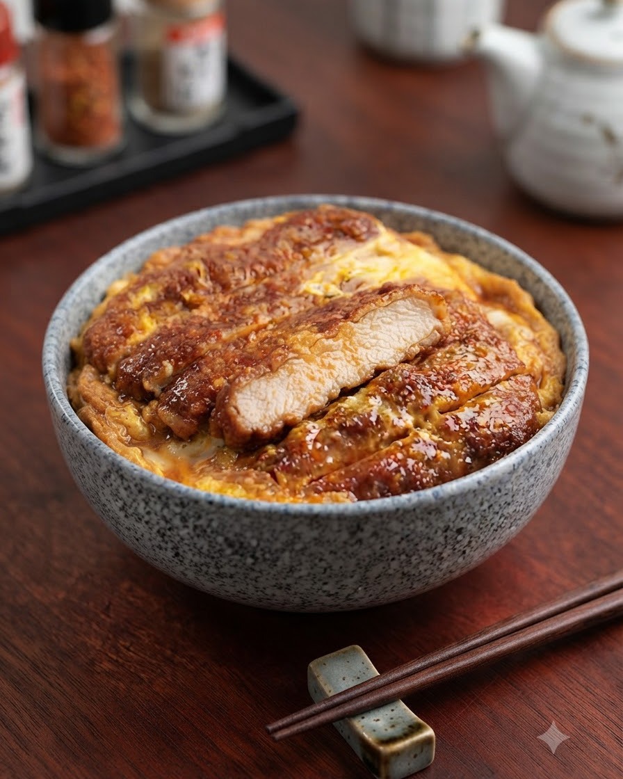 Un bol de riz au porc pané japonais terminé et garni doignons verts, présenté dans un bol en céramique mouchetée.