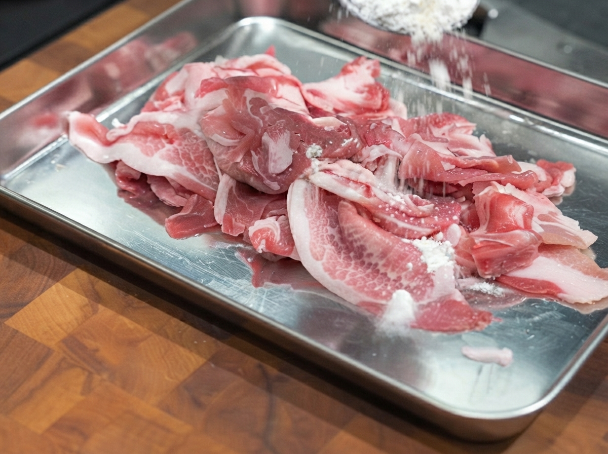 Fines tranches de porc sur une plaque en métal saupoudrées de farine.