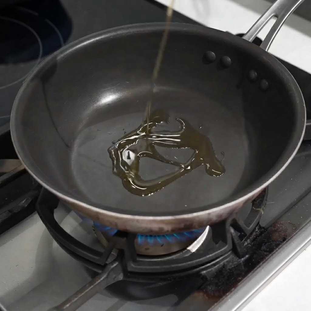 Tranches dail grésillant dans une poêle avec de lhuile de sésame sur un feu de gaz.