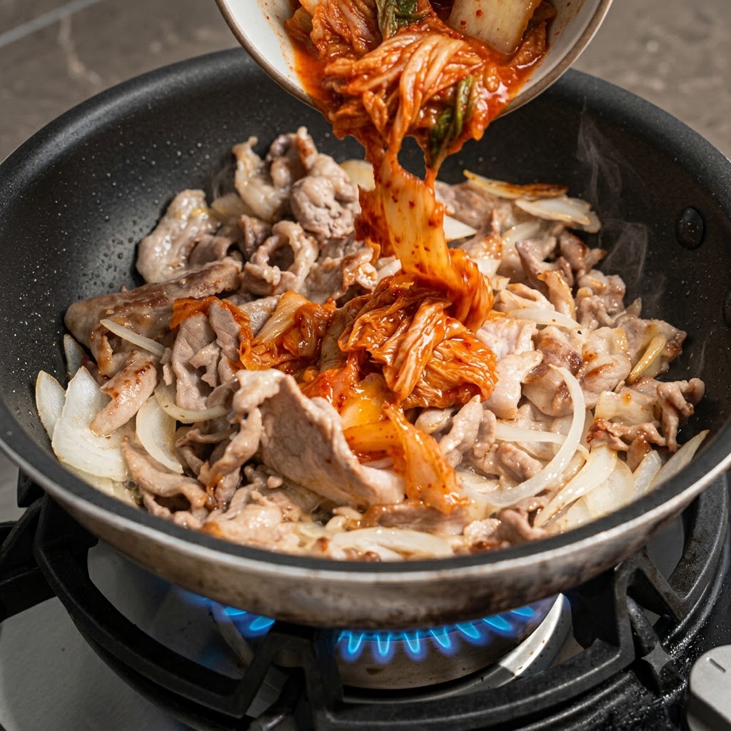 Kimchi fermenté rouge et son jus versés dun bol dans une poêle contenant le porc et les oignons sautés.