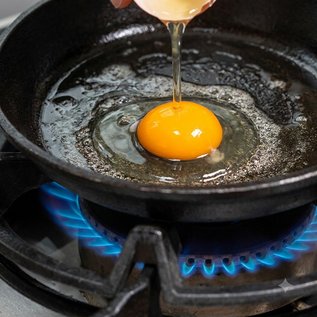 Un œuf cru cassé dans une petite poêle en fonte avec de lhuile chaude bouillonnante.