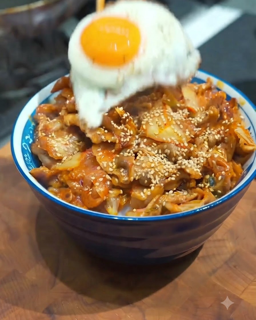 Un œuf au plat fraîchement cuit délicatement déposé sur un savoureux bol de riz au porc et kimchi.