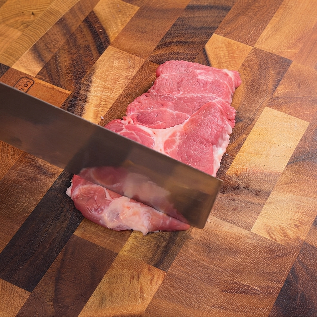 Un couteau de cuisine frappant des côtes de porc crues sur une planches à découper en bois pour les attendrir.