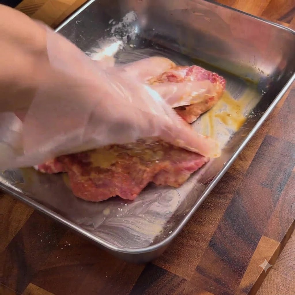 Une main gantée massant et mélangeant la marinade dans les côtes de porc à lintérieur dun plateau en métal.