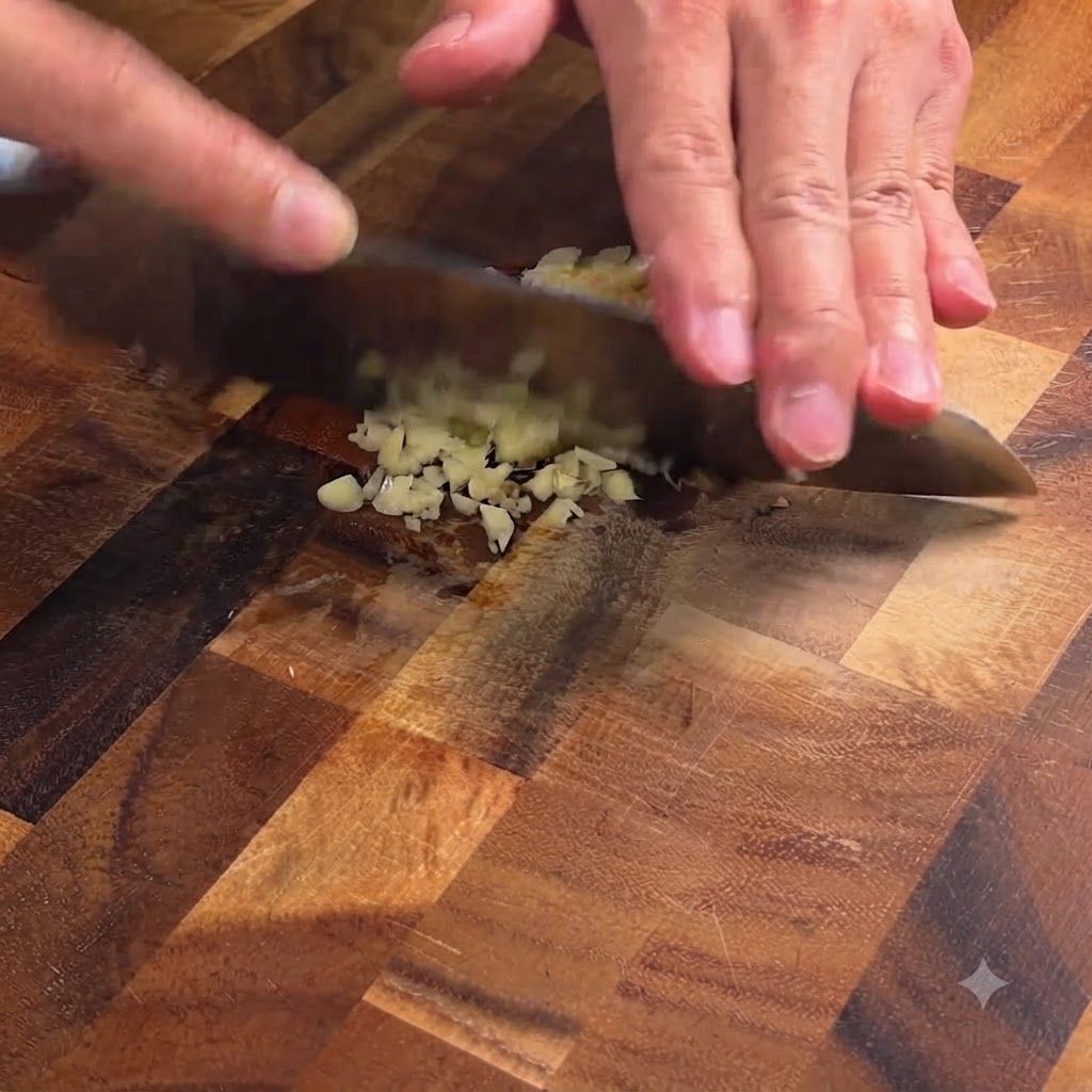 Gousses dail émincées finement avec un couteau sur une planche à découper en bois.