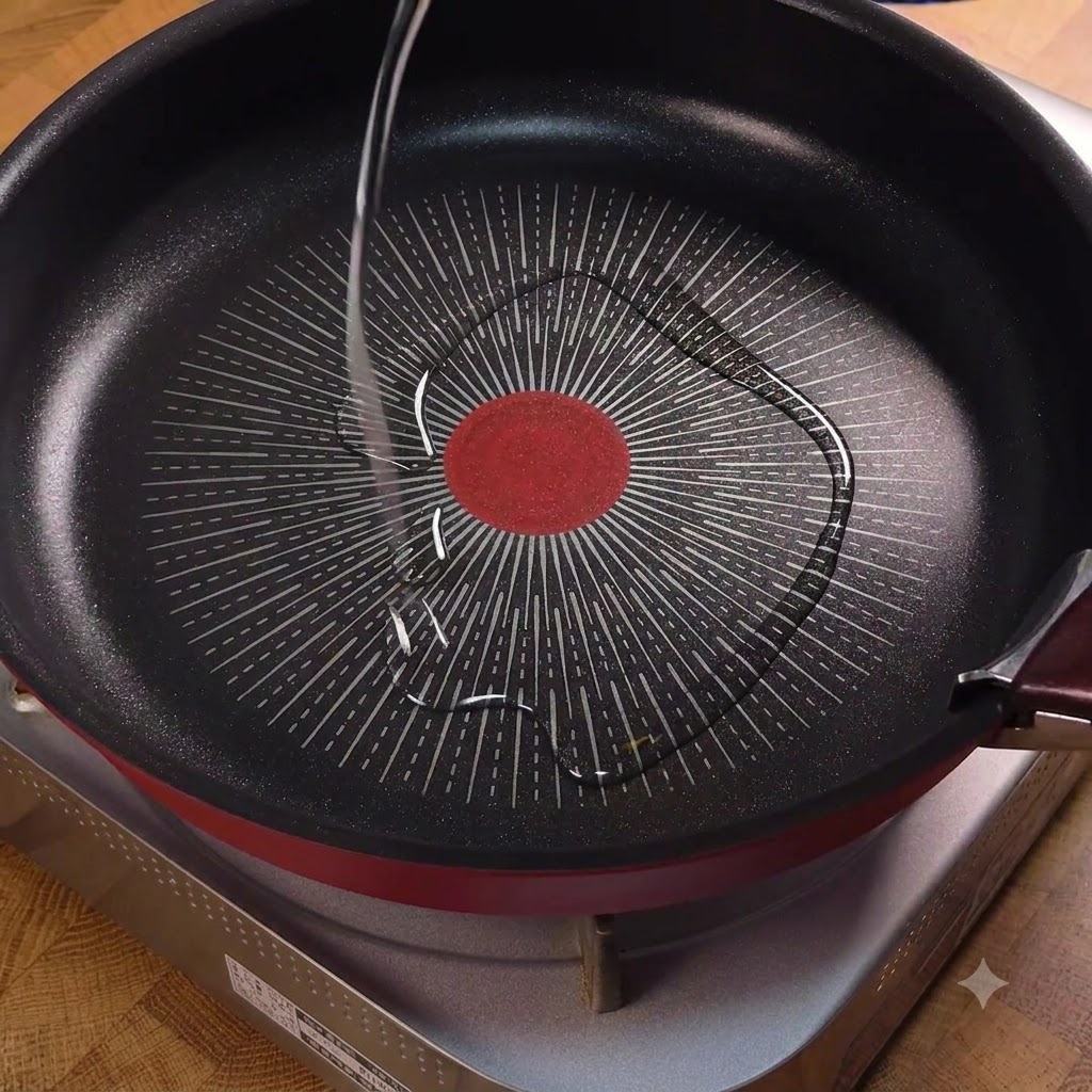 Huile de cuisson versée dans une poêle chaude antiadhésive sur une cuisinière.