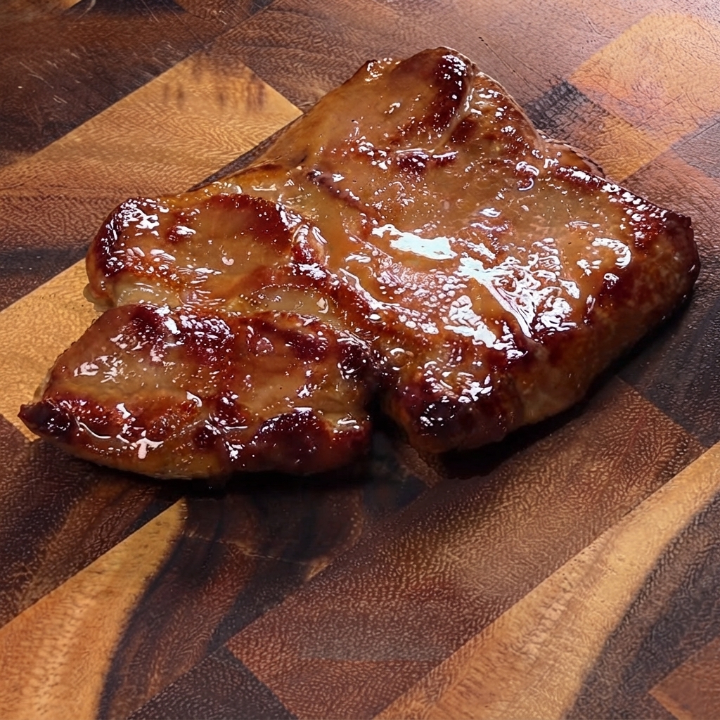 Une côte de porc cuite et caramélisée reposant sur une planche à découper en bois, prête à être tranchée.