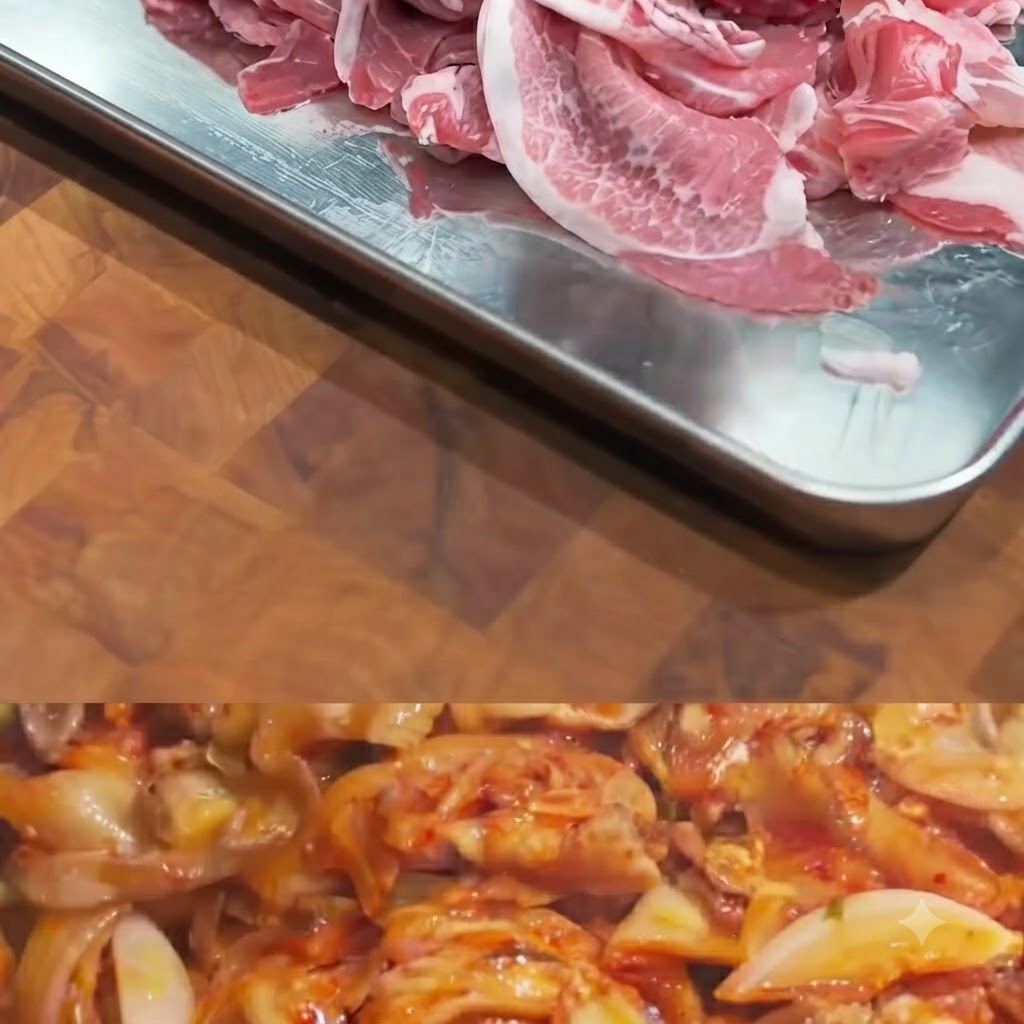 Morceaux de porc émincés enrobés de farine dans un plateau.