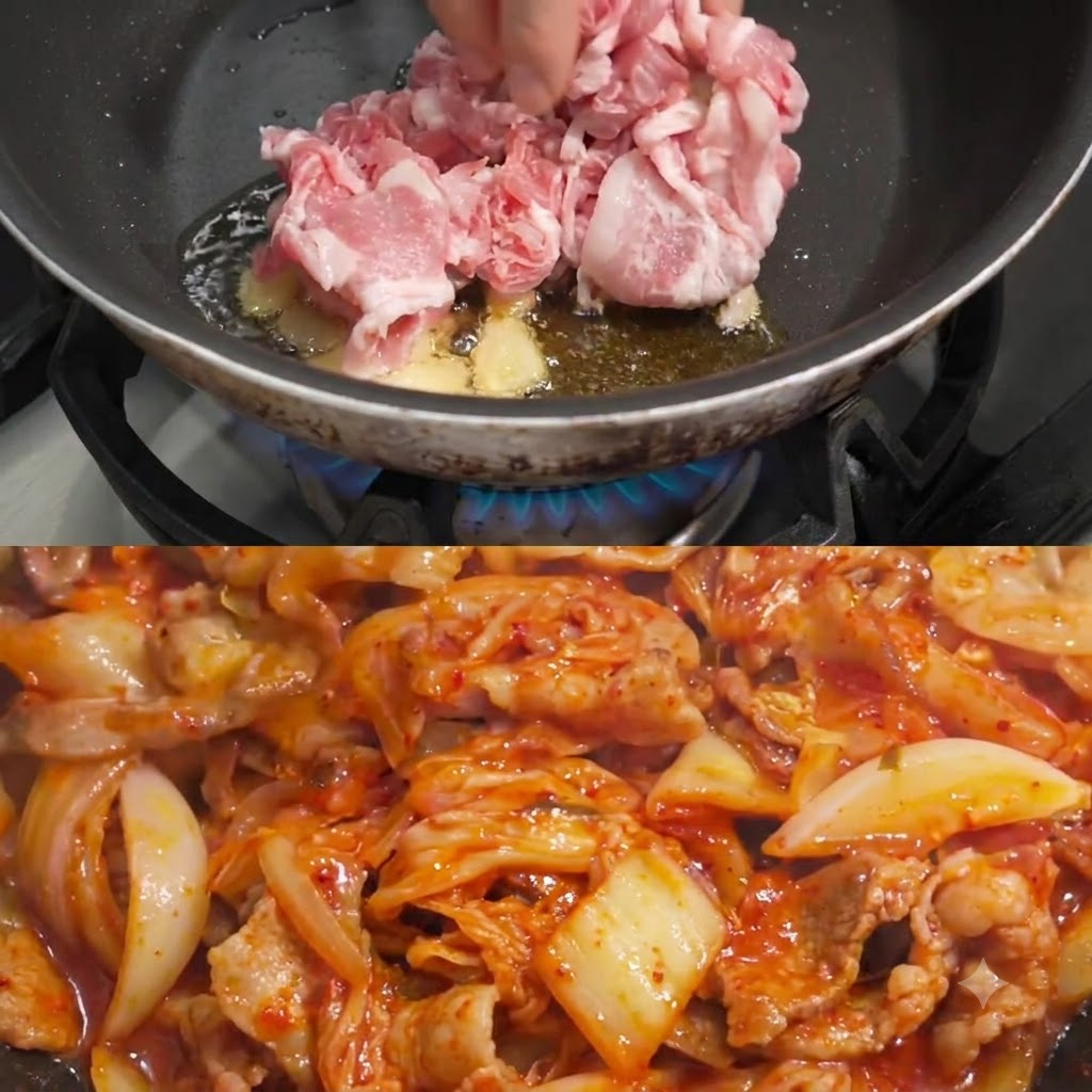 Morceaux de porc en train dêtre sautés dans une poêle.