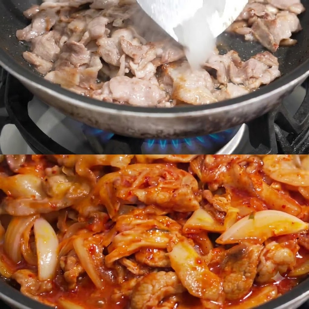 Oignons ajoutés dans la poêle avec le porc cuit.
