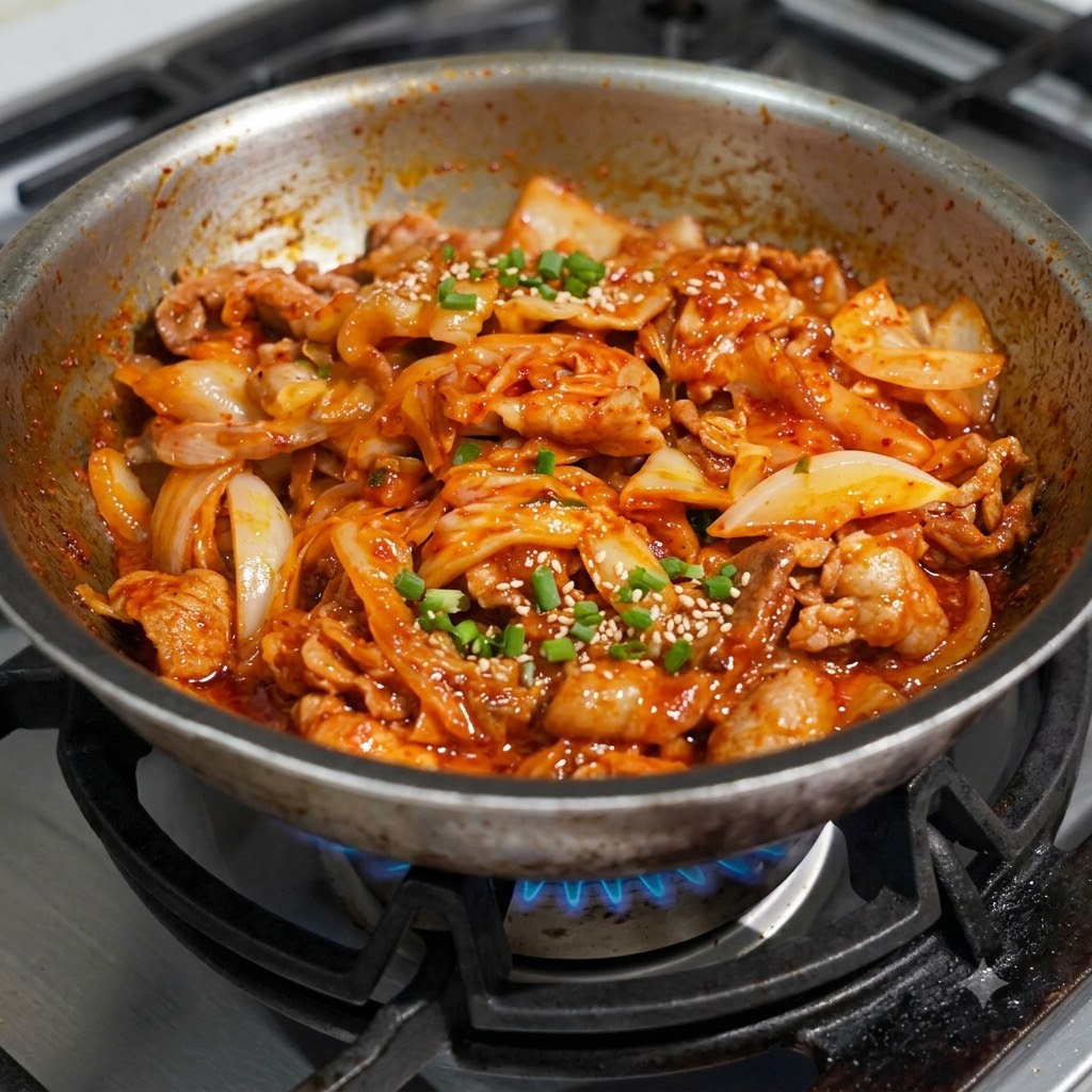 Kimchi haché mélangé avec le porc et les oignons dans une poêle.