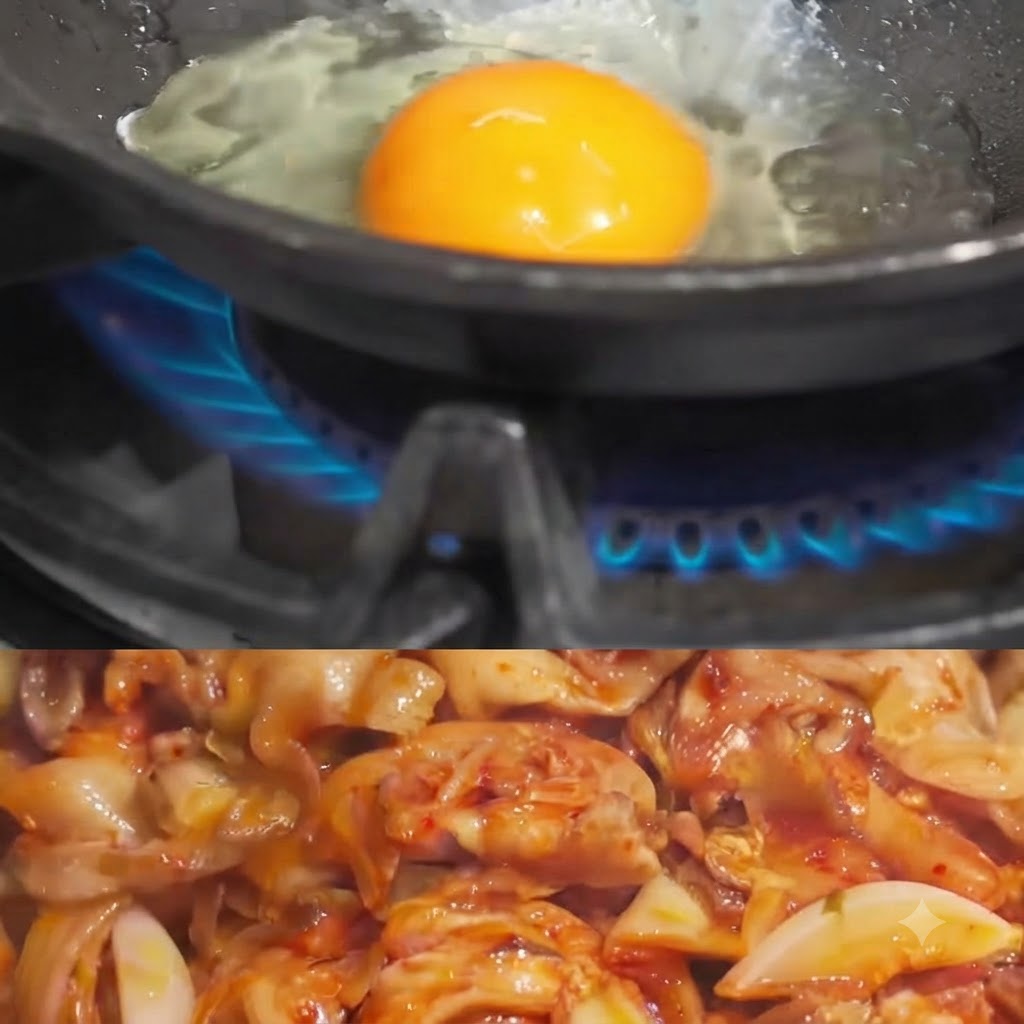 Gros plan sur un œuf cru cassé dans une poêle chaude avec de lhuile bouillonnante sur une flamme de gaz bleue.