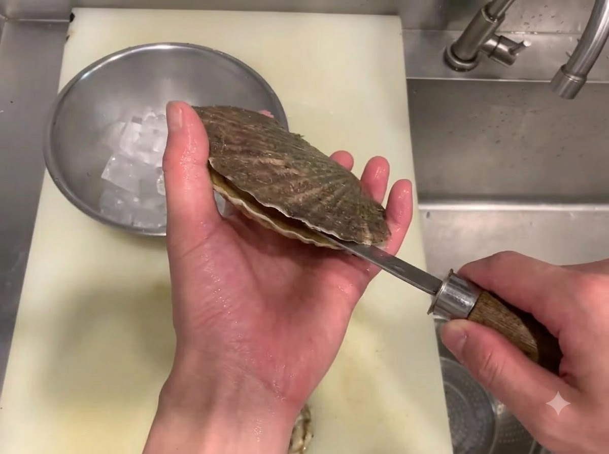 Une main utilisant un couteau pour ouvrir une coquille Saint-Jacques crue au-dessus dune planche à découper et dun bol de glace.