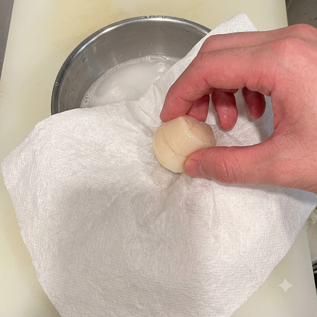 Une noix de Saint-Jacques crue délicatement épongée sur du papier absorbant blanc.