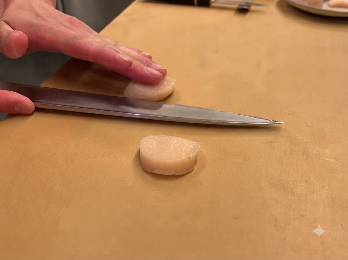 Un couteau tranchant coupant horizontalement une noix de Saint-Jacques crue sur une planche à découper en bois.