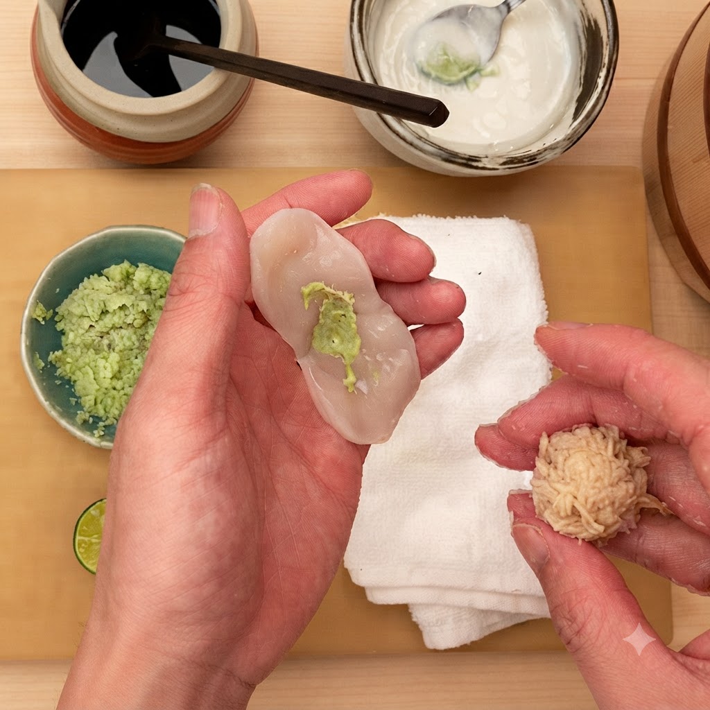 Mains tenant une tranche de Saint-Jacques crue incisée avec du wasabi dans une paume et une boule de riz à sushi préparée dans lautre.