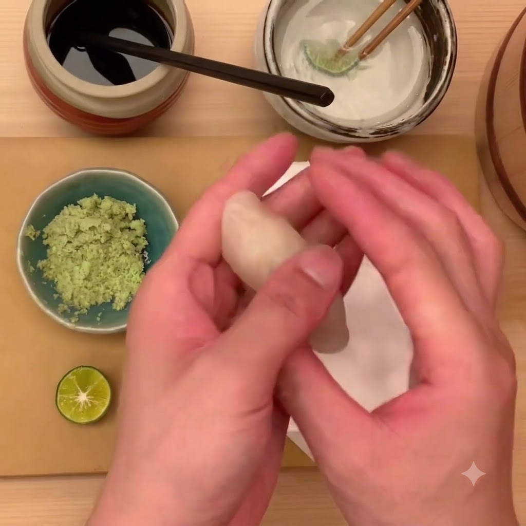 Mains modelant et façonnant un sushi aux noix de Saint-Jacques sur un tissu blanc.