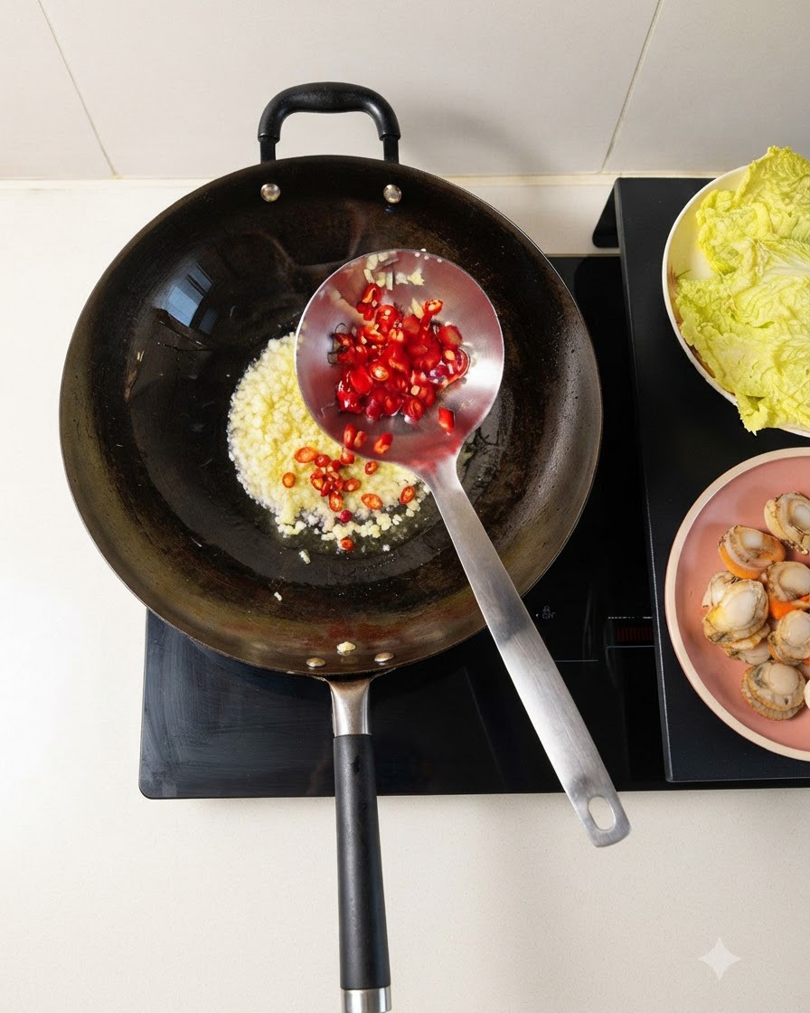 Piments hachés et ail émincé friant ensemble dans un wok chaud.