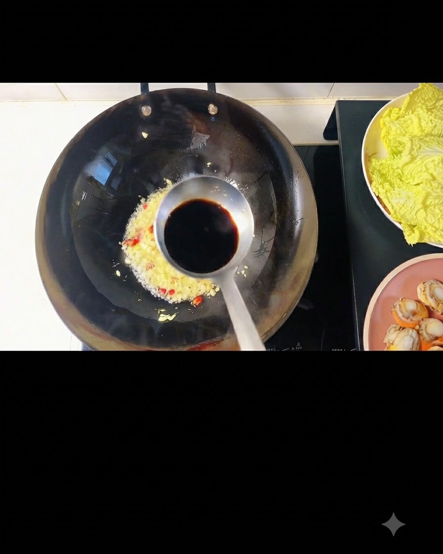 Sauce soja et sauce huître versées sur le mélange dail et de piment dans le wok.