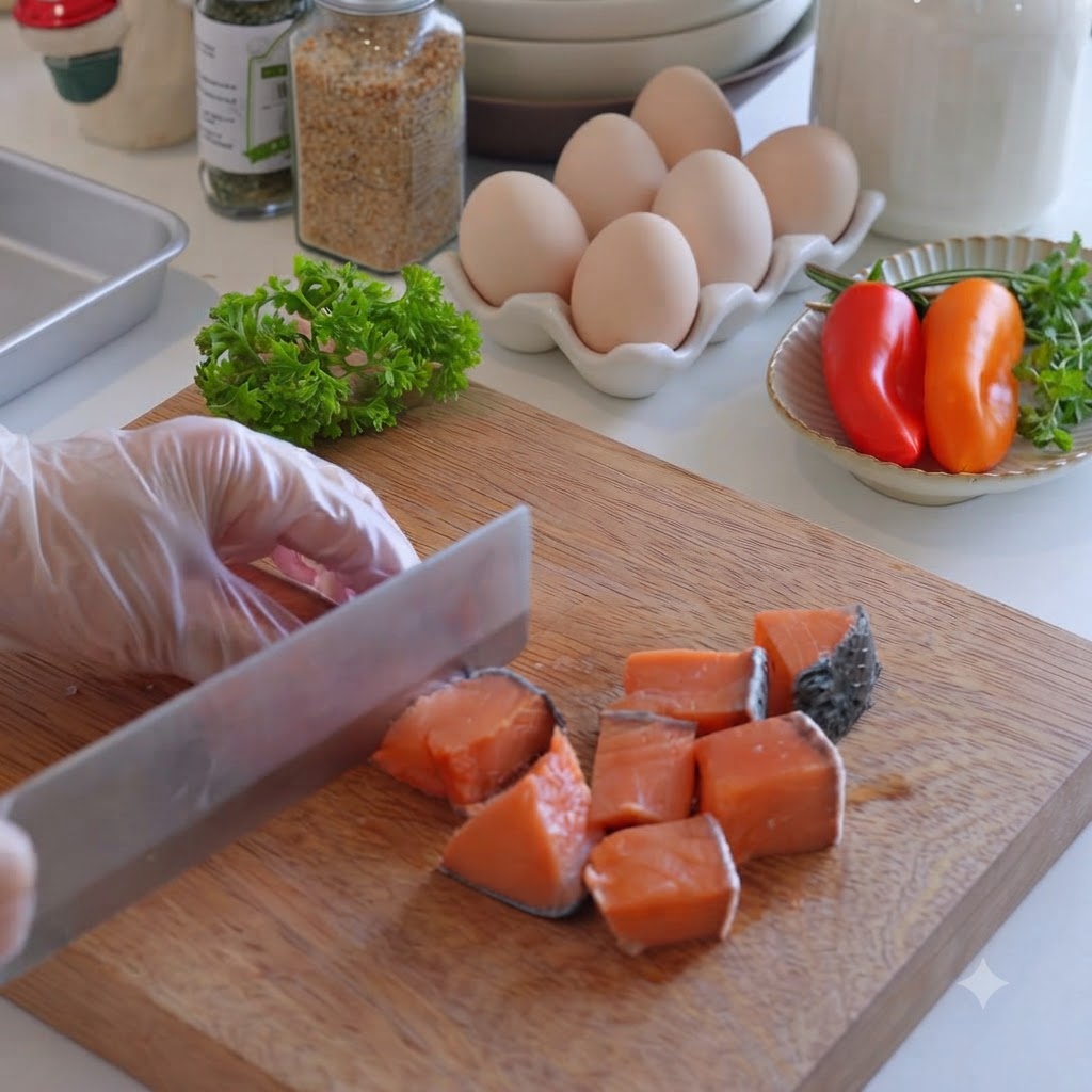 Une main gantée utilisant un couteau pour couper du saumon décongelé en petits morceaux sur une planche à découper en bois.