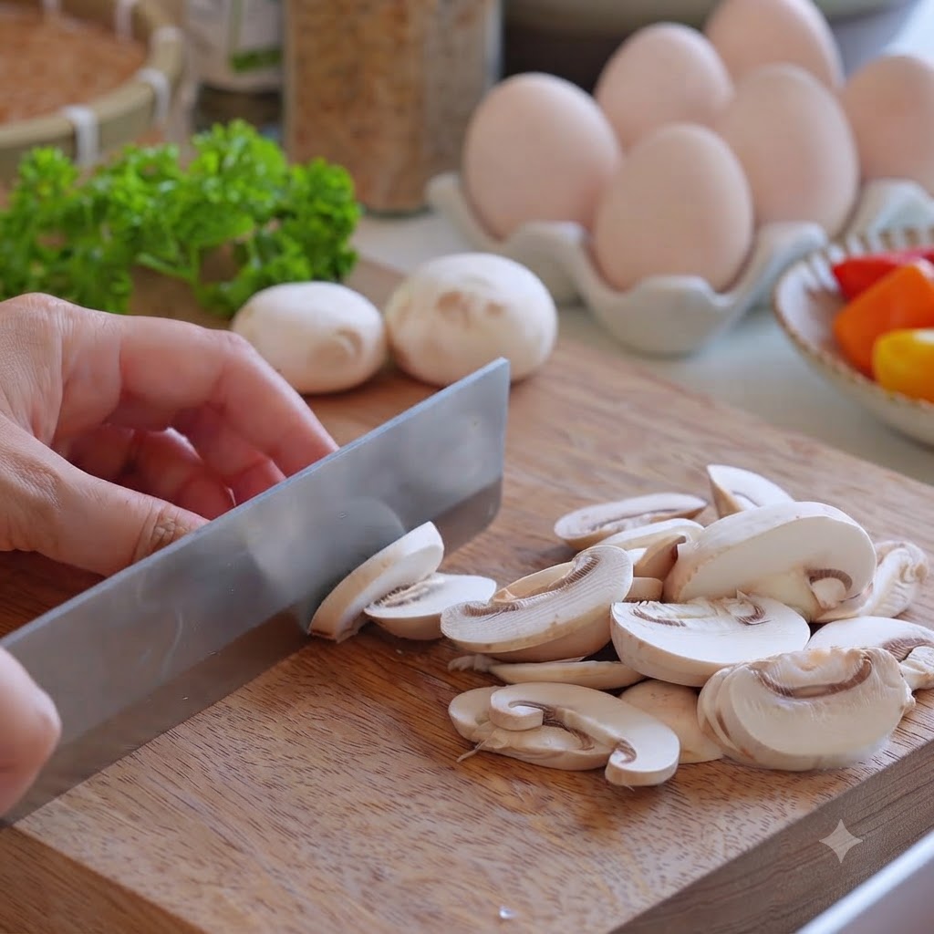 Des champignons de Paris coupés avec un couteau sur une planche à découper en bois à côté dun oignon rouge.