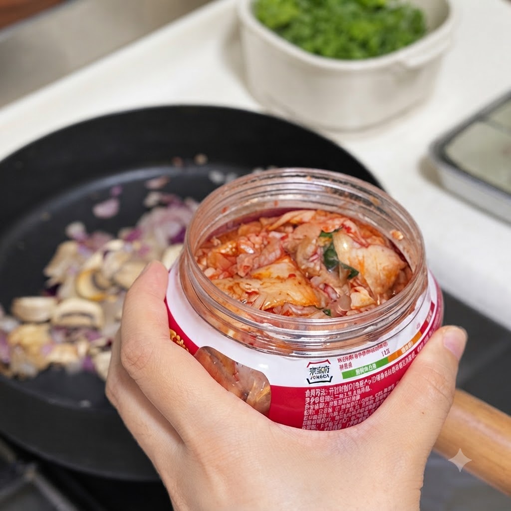 Une main tenant un pot de kimchi au-dessus dune poêle contenant des champignons et des oignons tranchés, avec de la sauce piquante coréenne et de la sauce soja.