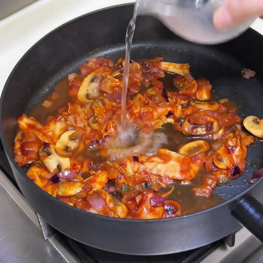 Un filet deau versé dun récipient dans une poêle contenant un mélange de kimchi, de champignons et doignons.
