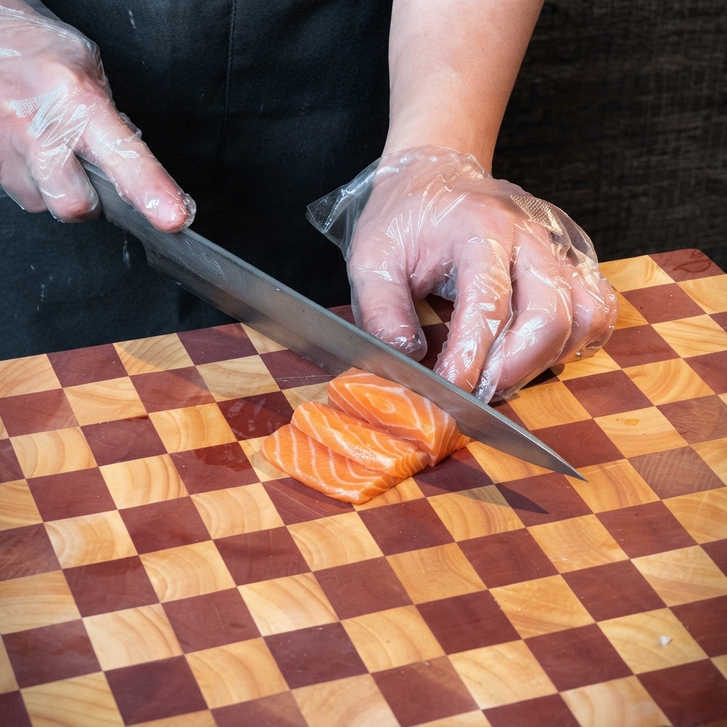 Un couteau de chef tranchant découpe un filet de saumon frais sur une planche à découper en bois.