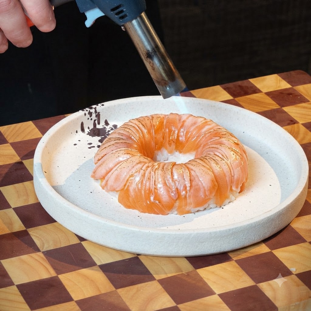 Un chalumeau de cuisine faisant dorer la surface des tranches de saumon disposées en cercle sur une assiette blanche.