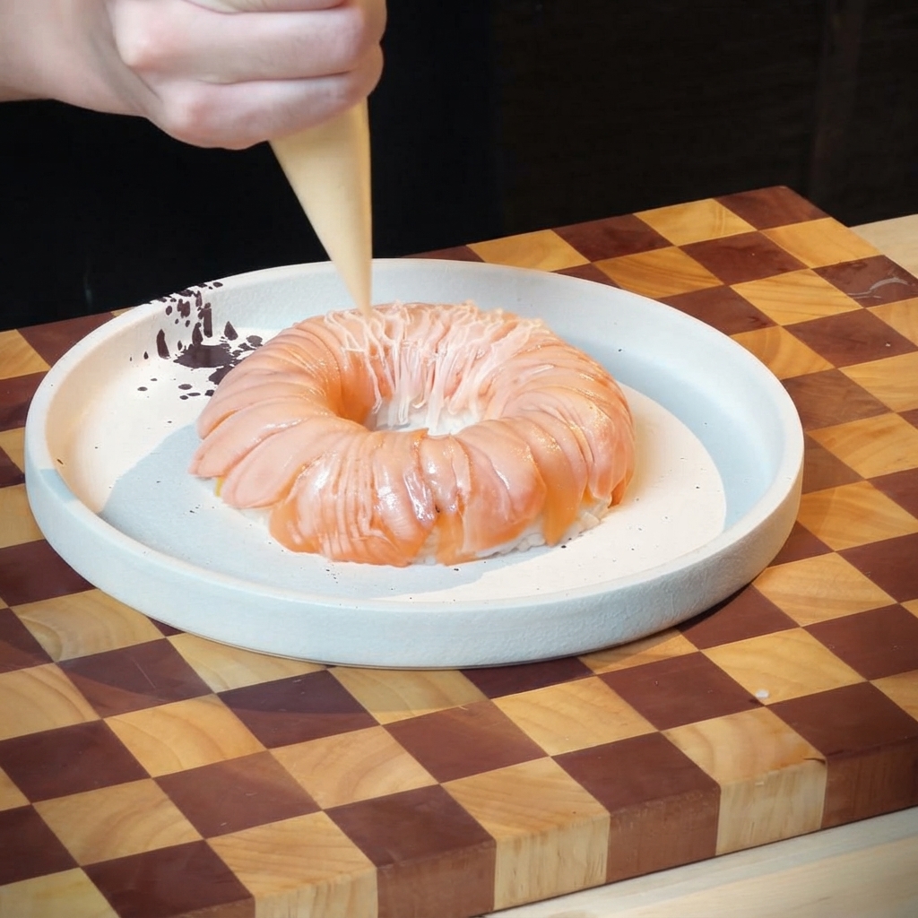 Une poche à douille appliquant des lignes de sauce sur une couronne de riz au saumon torréfié posée sur une assiette en céramique.