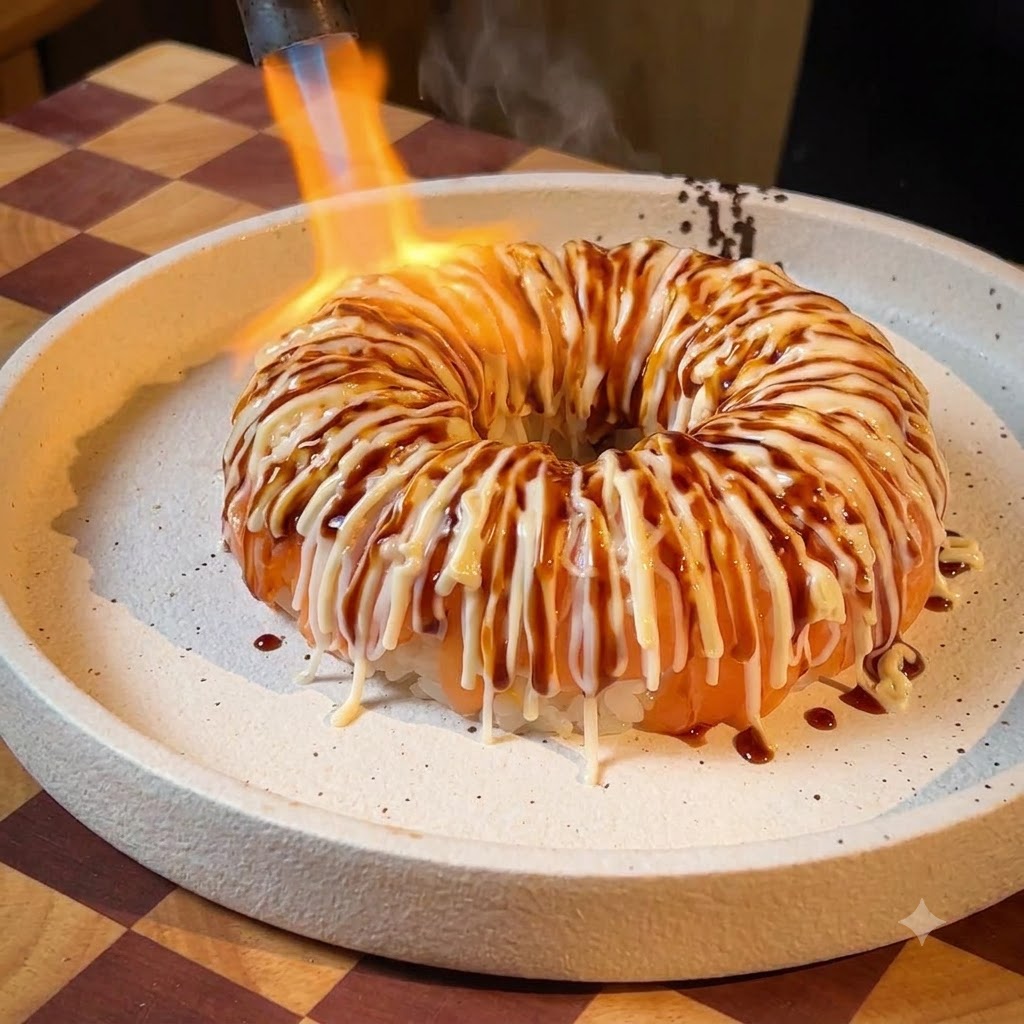 Un chalumeau caramélisant les couches de sauce sur le dessus dune couronne de riz au saumon jusquà ce quelles soient bouillonnantes et légèrement dorées.