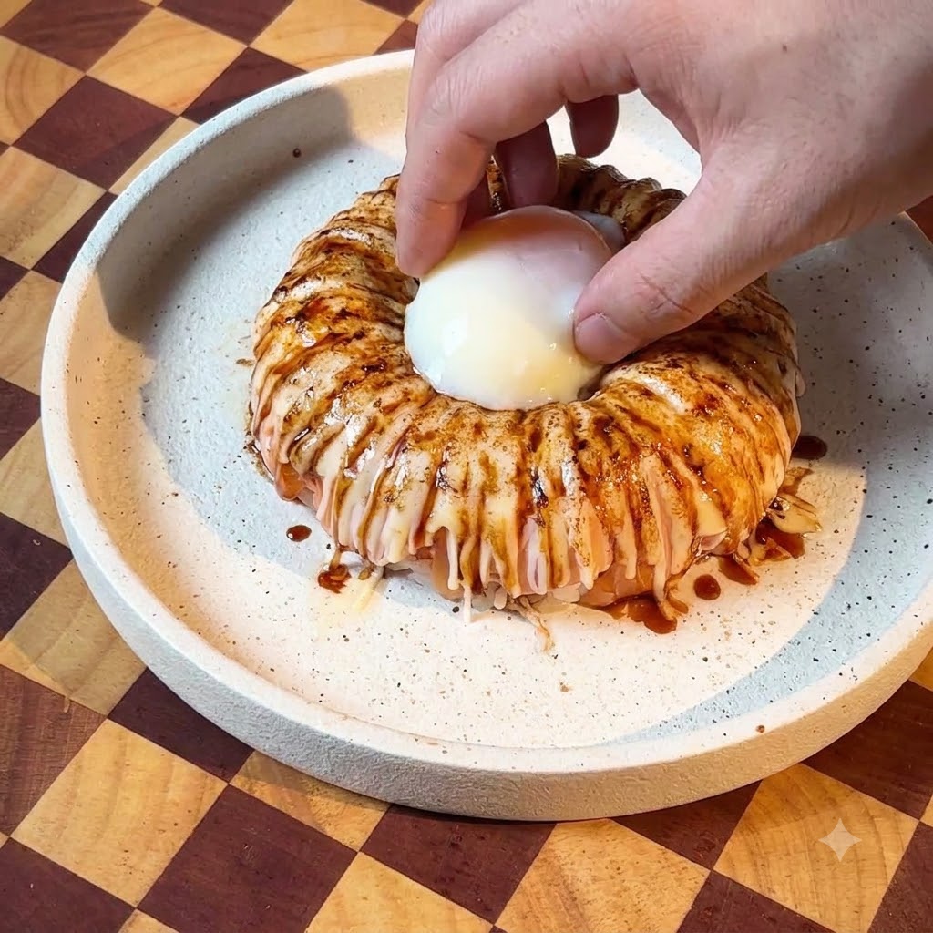 Un œuf mollet placé au centre dune couronne de riz au saumon glacée et torréfiée.