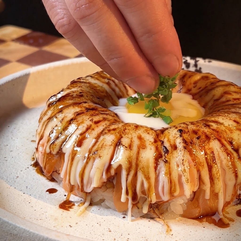 Des oignons verts finement hachés et des œufs de poisson déposés en garniture sur lœuf et la couronne de saumon.