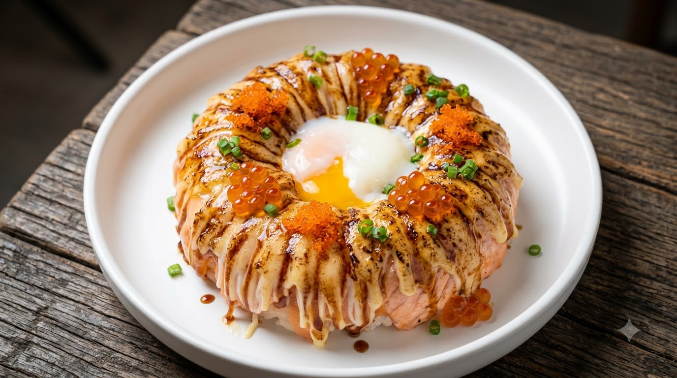Gros plan sur une couronne de riz au saumon torréfié garnie de sauce unagi sucrée, de mayo crémeuse et dun œuf mollet.