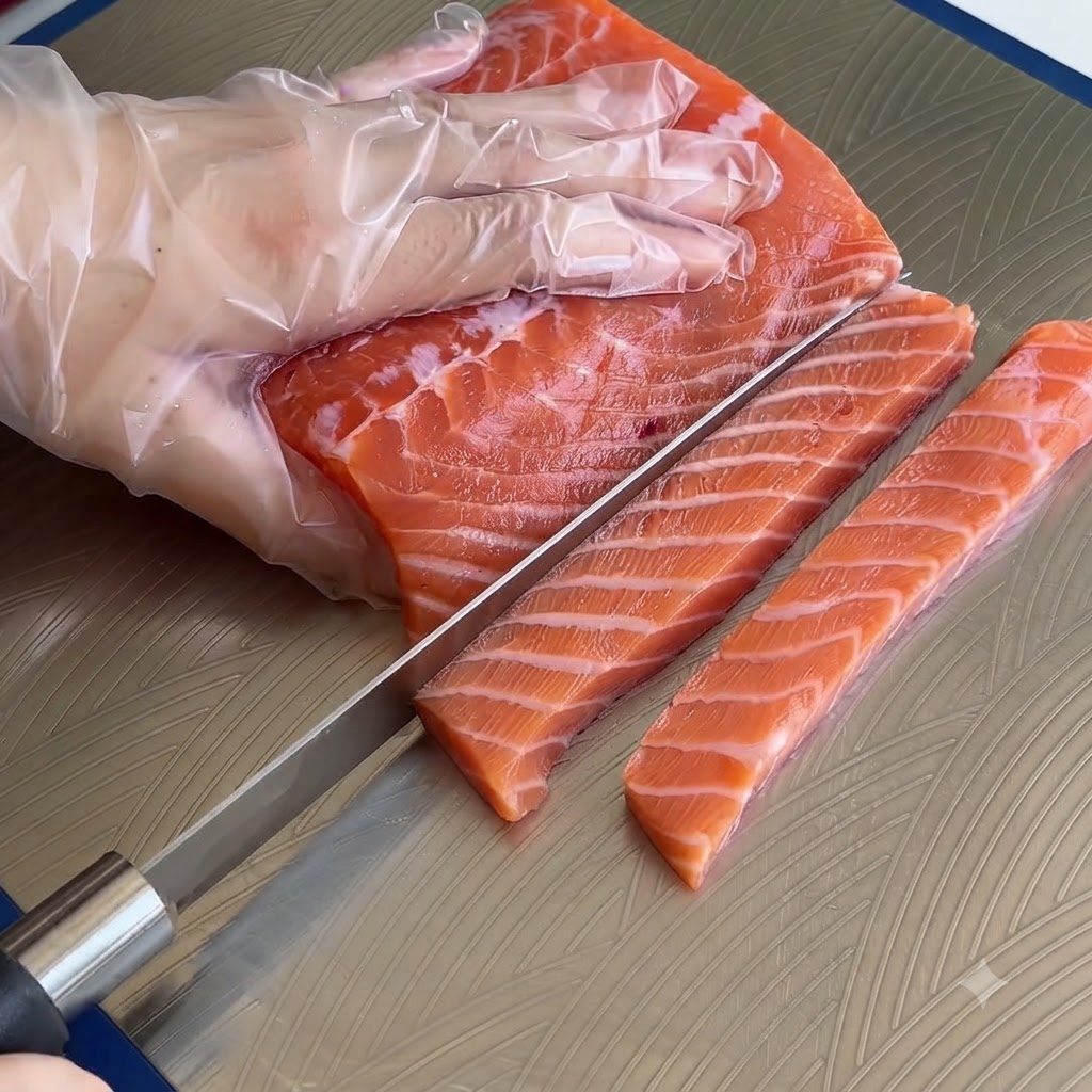 Une main gantée de plastique utilise un couteau bien affûté pour couper un filet de saumon en petits dés sur une surface métallique.