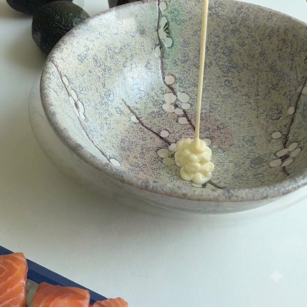 De la mayonnaise versée au centre dun bol en céramique à motifs, avec dautres ingrédients à proximité.