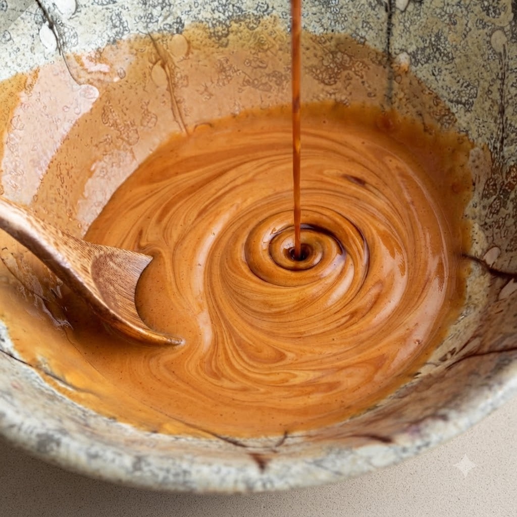 Une cuillère en bois qui remue une sauce orange riche et lisse à lintérieur dun bol en céramique à motifs.