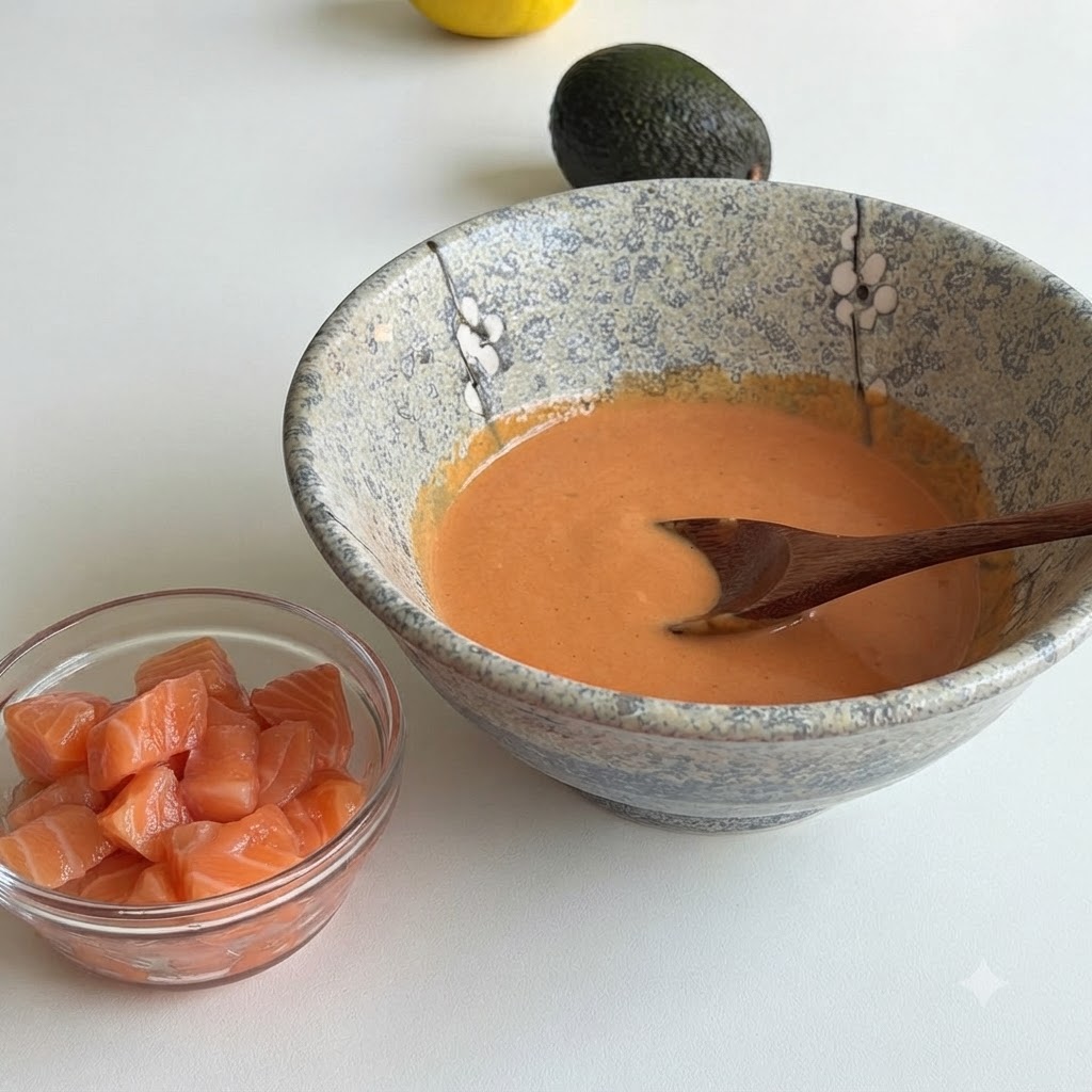 Un petit bol en verre rempli de dés de saumon cru à côté dun bol en céramique plus grand rempli de la sauce orange préparée.