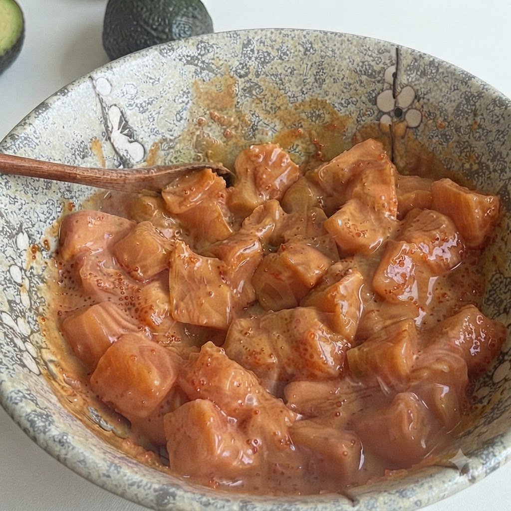 Cubes de saumon mélangés minutieusement avec la sauce et les œufs de poisson dans un bol en céramique à motifs, avec une cuillère en bois posée sur le bord.