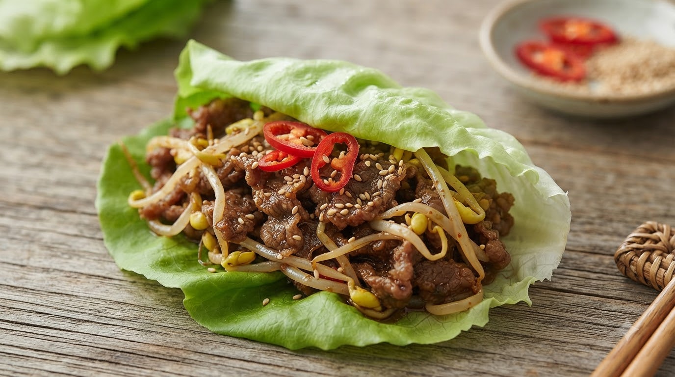 Gros plan sur un bulgogi coréen aux germes de soja fraîchement cuit, enveloppé dans une feuille de laitue à laide de baguettes.