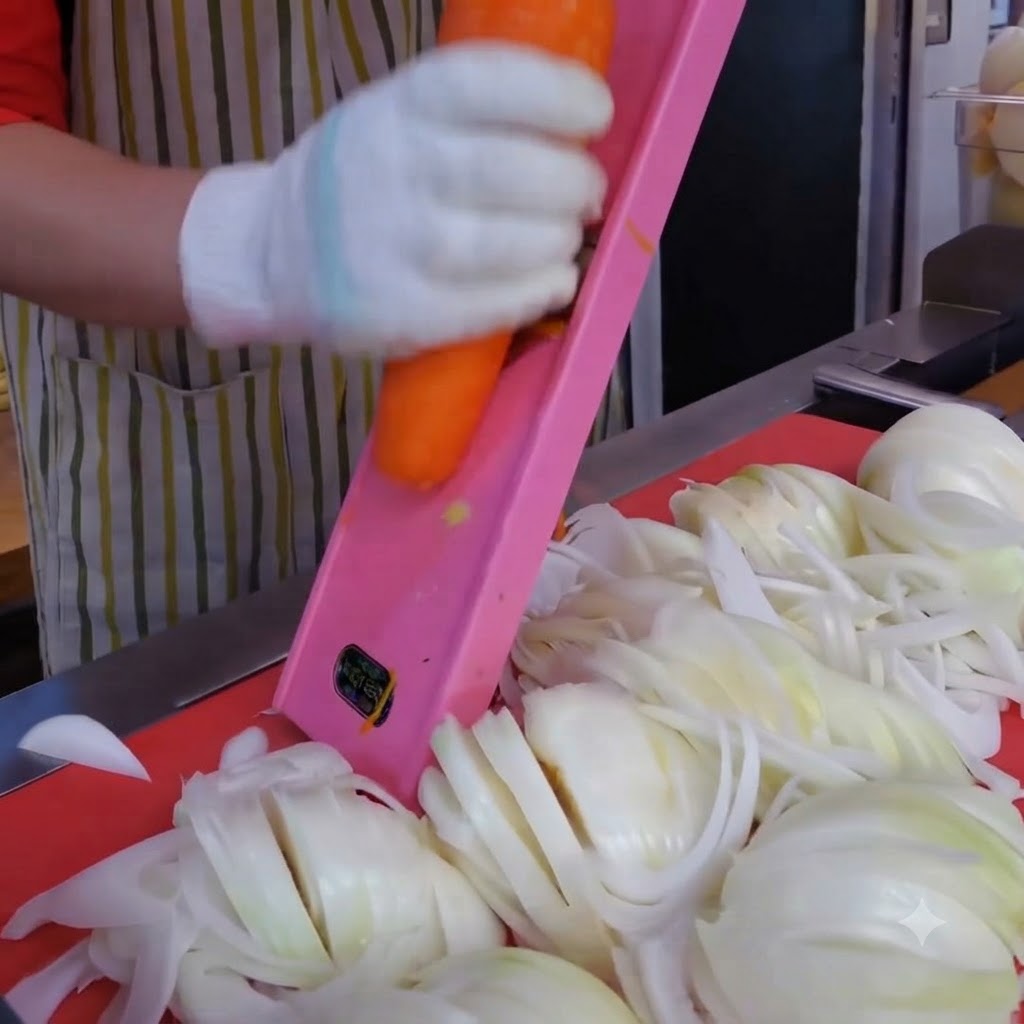 Une carotte râpée manuellement en fines lamelles avec une mandoline rose.