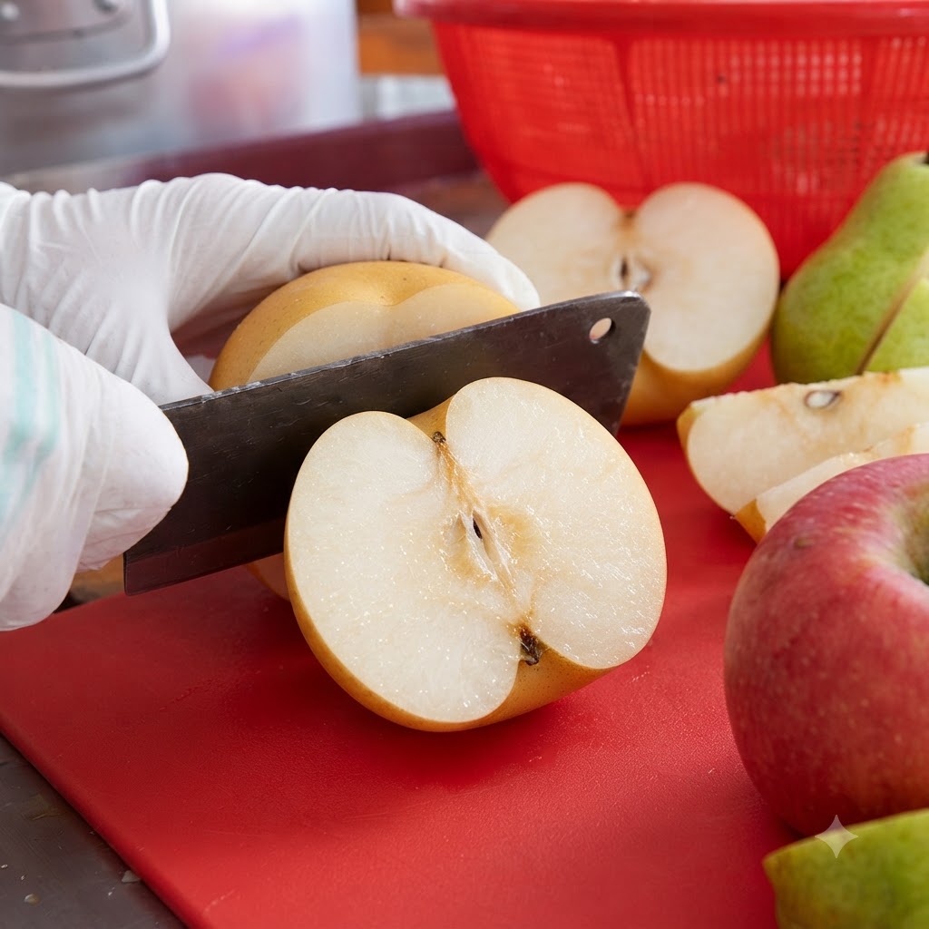 Pommes et poires coupées en deux sur une planche à découper rouge à côté dune casserole.
