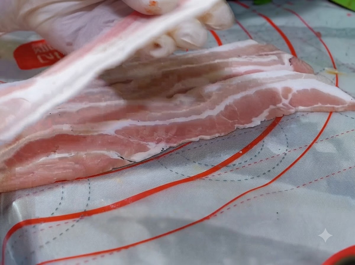 Tranches épaisses de poitrine de porc disposées à plat avec du poivre noir saupoudré sur le dessus.