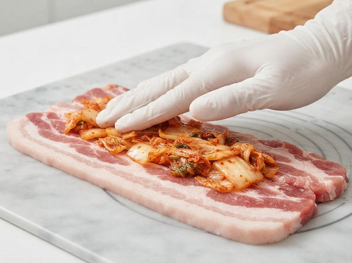 Kimchi épicé disposé sur le dessus des tranches de porc épaisses sur une planche en marbre.
