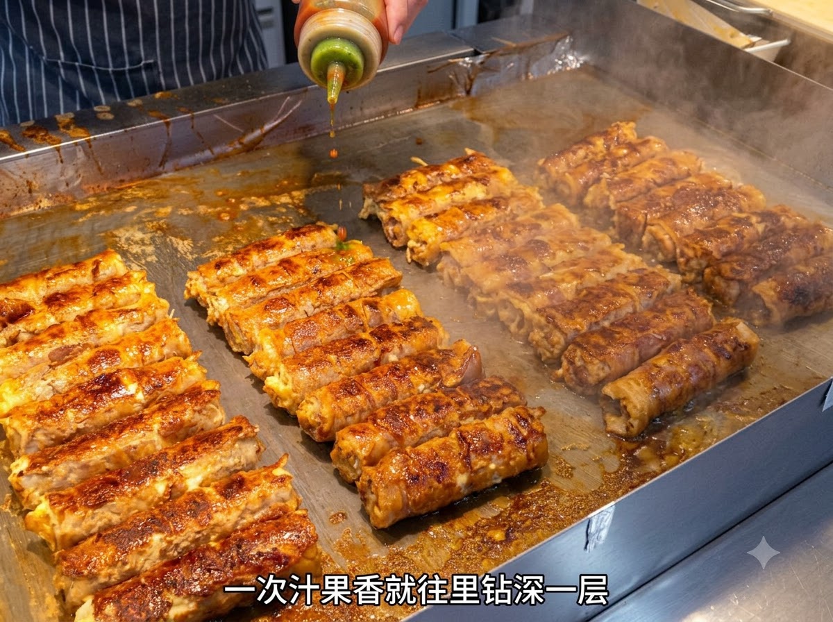 Lanières doignons sautés étalées sur les ingrédients du rouleau de poitrine de porc.