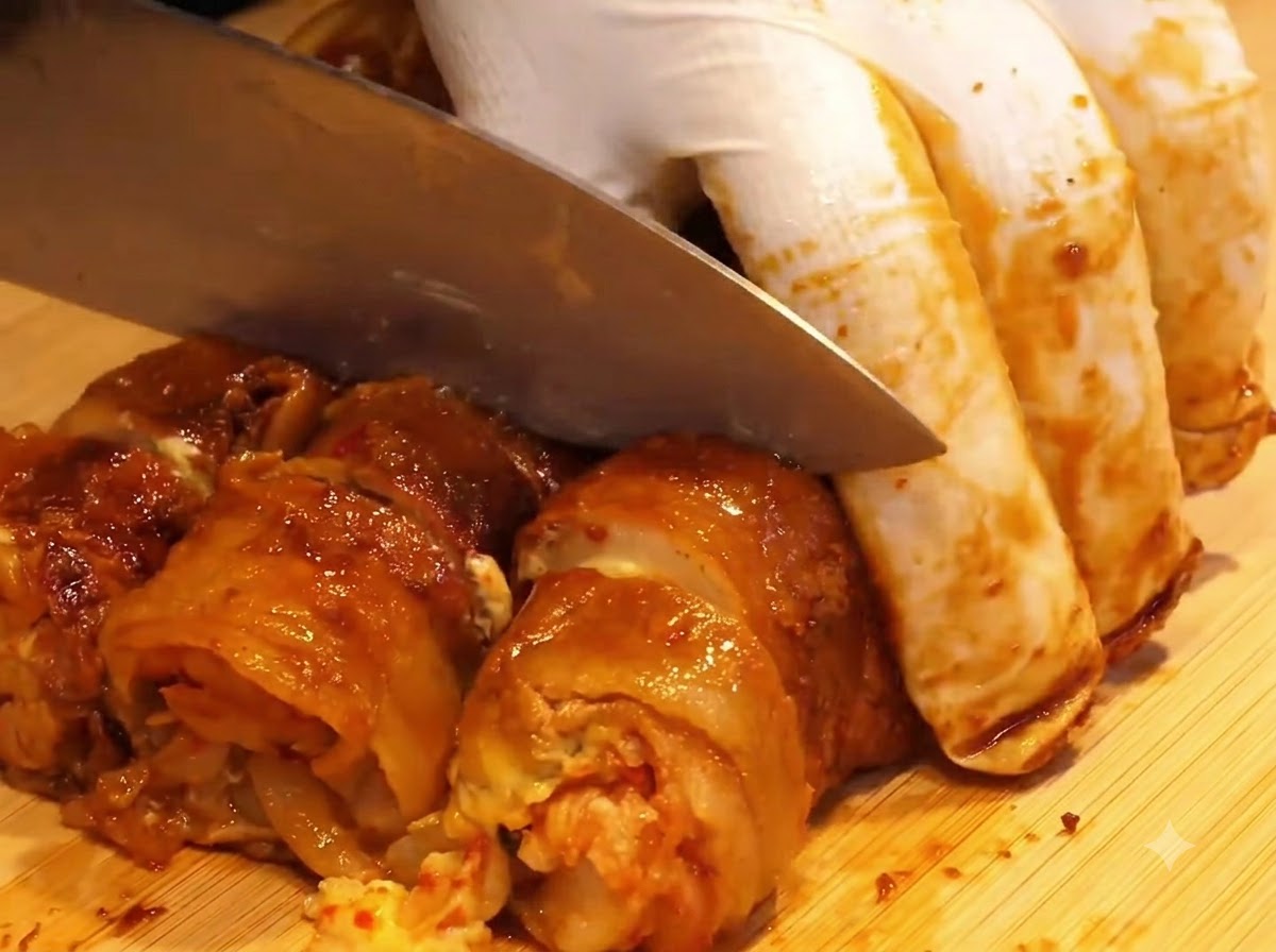 Rouleaux de viande assemblés disposés en rangées nettes sur une plaque de cuisson en fonte chaude.